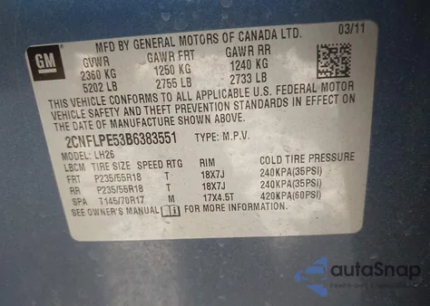 2011 Chevrolet Equinox 2Lt z USA, uszkodzony, nr VIN 2CNFLPE53B6383551